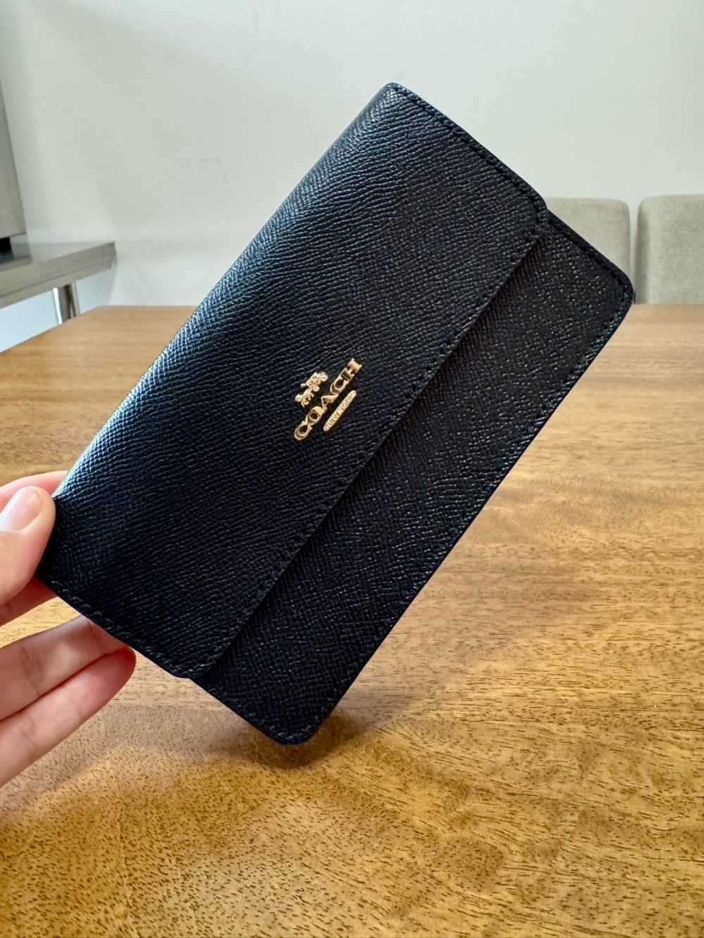 Coach Black Leather Continental Wallet with Gold Logo